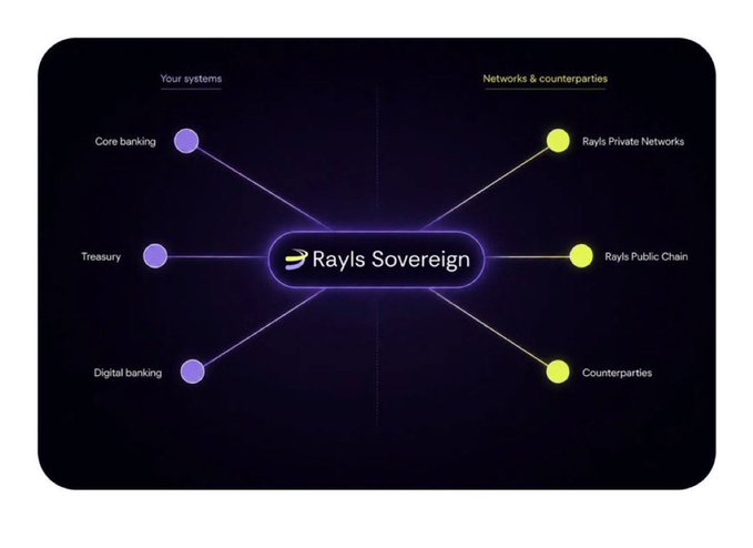 The image shows a diagram of "Rayls Sovereign" as a central hub connecting an enterprise's internal systems (Core banking, Treasury, Digital banking) on the left with external networks and counterparties (Rayls Private Networks, Rayls Public Chain, Counterparties) on the right. This visually illustrates how the platform bridges bank-controlled internal infrastructure with blockchain networks without forcing banks to share core systems, addressing the architectural clash between decentralized blockchains and regulated banking requirements.