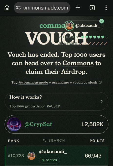 Screenshot of the commonsmade.com website showing a Vouch leaderboard with user @akasaadi_ ranked #10,723 with 66,943 points, below top user @CrypSaf with 12,502K points.
