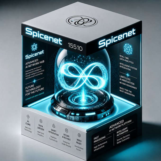 A sleek product-style packaging for "Spicenet 15510" showcasing an advanced AI network hub featuring a glowing infinity-loop hologram, with labels highlighting "AI Network Platform," "Real-Time Data Analytics," "Smart Integration," and "Intelligent Automation." The image visually reinforces the post's message about Spicenet's potential to build a robust platform bridging AI and crypto economies.