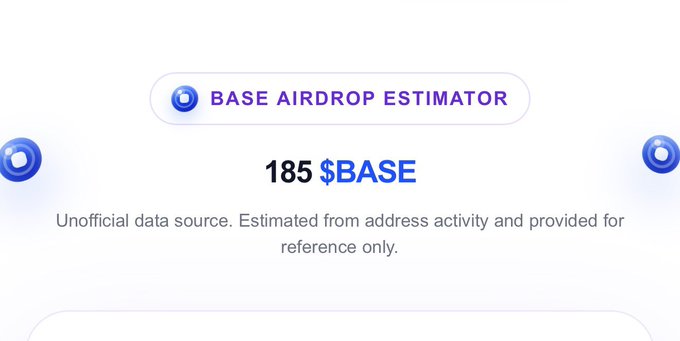 The image displays a "BASE AIRDROP ESTIMATOR" calculator showing an estimated allocation of "185 $BASE" with a disclaimer that it is unofficial data sourced from address activity for reference only. It directly illustrates the poster's disappointing result from checking the airdrop checker, where despite being a Top 50 farming wallet out of 28M, they only qualified for a modest 185 $BASE allocation.