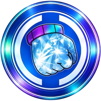 A digital illustration of a sparkling diamond clenched fist inside a glowing blue circular emblem.