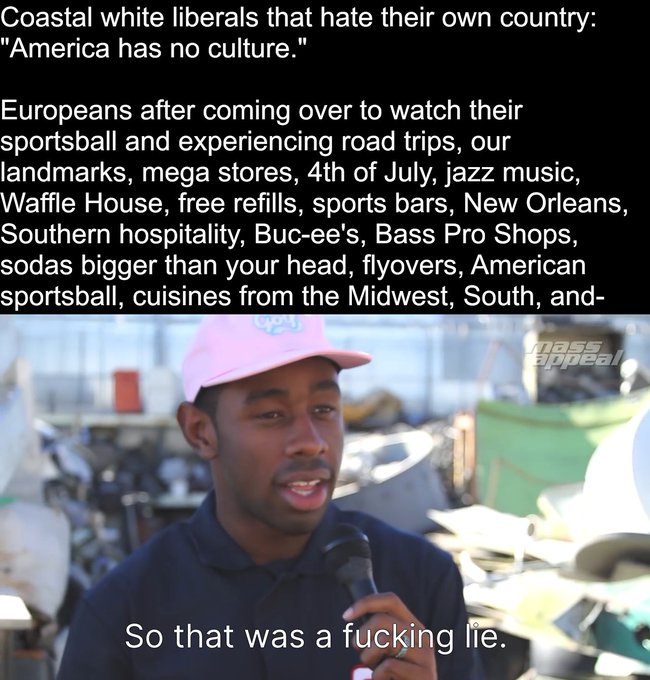 A meme screenshot from a 'Mass Appeal' video with text criticizing claims that 'America has no culture,' listing American cultural elements like sportsball, road trips, Waffle House, and 4th of July, with the caption 'So that was a fucking lie.'