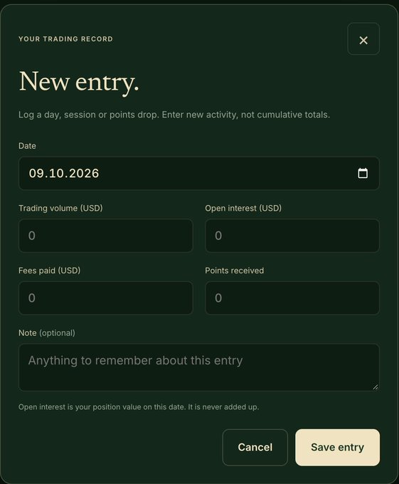 A dark-themed form for logging a new trading record dated 09.10.2026, with fields for volume, open interest, fees, and points.