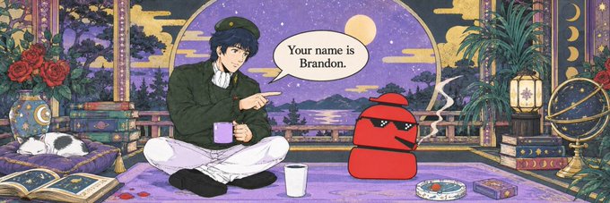 The image depicts a man in a blue cap and green jacket pointing at a red, devil-like blob character, saying "Your name is Brandon," which relates to the Solana token $BRANDON banner created by a community member on Moby. The whimsical scene, complete with moon, armillary sphere, books, and a small dog, gives $BRANDON a quirky, meme-like personality fitting for a community-driven crypto token.