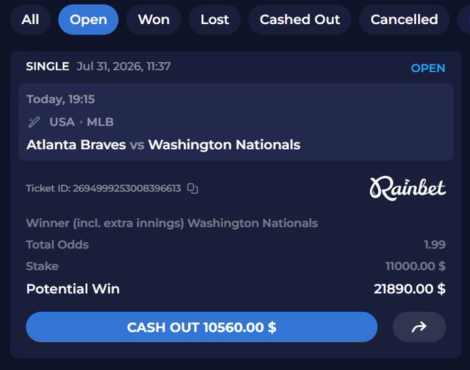 A sports betting ticket on Rainbet shows an $11,000 wager on the Washington Nationals to beat the Atlanta Braves in tonight's MLB game, with a potential win of $21,890 and a cash-out option of $10,560, reflecting the user's confidence in backing the hot-hitting Nationals.