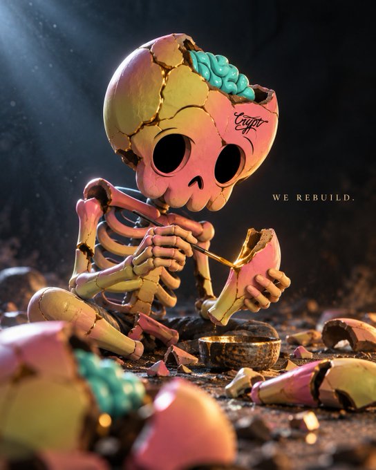 A 3D-rendered skeleton character with a cracked, colorful skull sits on the ground painting a piece of pottery, with the text 'WE REBUILD' visible on the right.