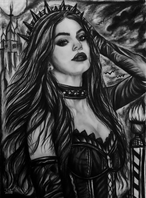 A black and white illustration of a gothic woman with long flowing hair, a spiked crown, dark lipstick, and a studded choker, set against a castle and full moon background.