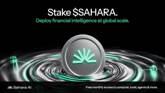 An advertisement for Sahara AI with the text 'Stake $SAHARA. Deploy financial intelligence at global scale.' and 'Free monthly access to compute, tools, agents & more.' written around a silver coin.