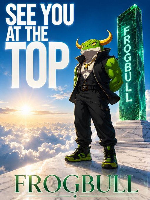 A muscular anthropomorphic green bull frog in a black vest and pants stands triumphantly atop a marble platform above the clouds, next to a glowing obelisk engraved with "FROGBULL." The poster's bold text "SEE YOU AT THE TOP" and "FROGBULL" branding aligns with the post's message positioning $FROGBULL as an early investment opportunity with major upside potential.