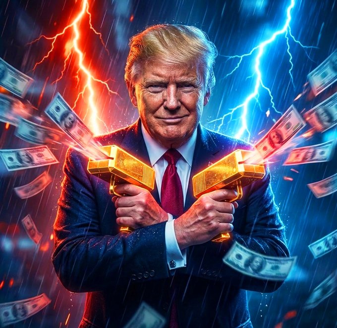 A digital artwork depicts Donald Trump in a suit holding golden guns, surrounded by floating dollar bills, red and blue lightning, and rain.
