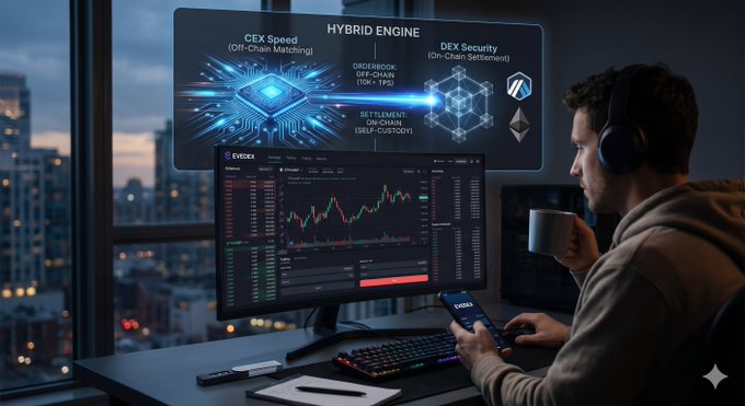 In the image, there is an individual working at their computer monitor while holding a cup of coffee and wearing headphones. They are using a mobile device that displays information related to cryptocurrency trading or DEX. The person appears focused on their tasks, possibly attending to the mobile app's performance over the past 48 hours.