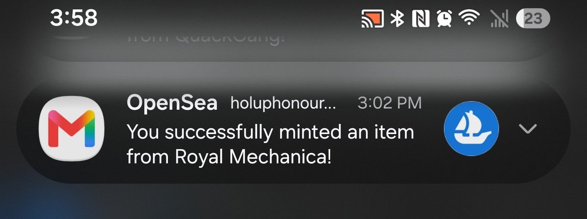 An iOS lock screen notification from OpenSea, sent from the account 'holuphonour...' at 3:02 PM, reads: 'You successfully minted an item from Royal Mechanica!'.
