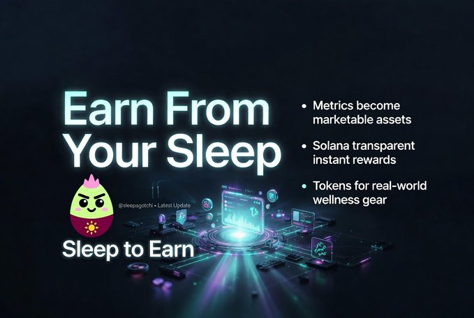 A promotional graphic for Sleepagotchi featuring the headline "Earn From Your Sleep" with the tagline "Sleep to Earn," highlighting three key features: metrics become marketable assets, Solana transparent instant rewards, and tokens for real-world wellness gear. The image aligns with the post's message about monetizing sleep data through a reward-based marketplace system on the Solana blockchain.