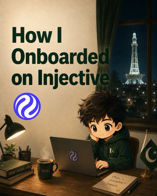 An illustrated cover titled 'How I Onboarded on Injective' showing a boy with a laptop featuring the Injective logo, alongside a Pakistan flag and a prominent Minar-e-Pakir in the background.