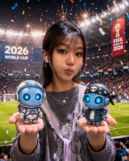 A digital illustration of a young woman at the 2026 FIFA World Cup holding two cartoon robot figurines against a stadium backdrop with fireworks.
