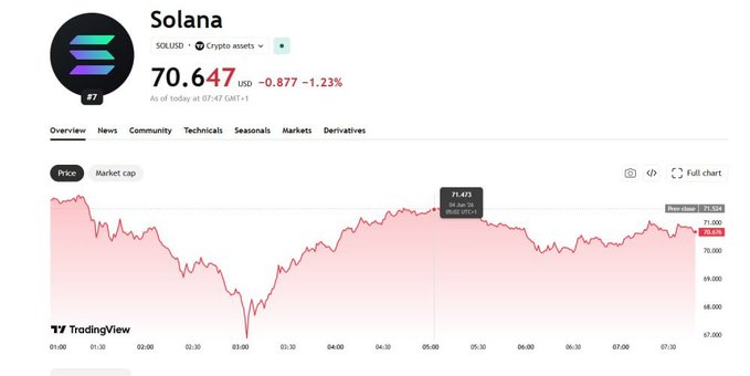 The image shows a computer screen displaying a chart or graph related to Bitcoin trading with the text "Solana" above the graph. The text also mentions that the value of Solana has been decreasing over time but it was posted as $0.76, $0.68, and $0.66. A person is seen typing on the computer screen while looking at the chart or graph.