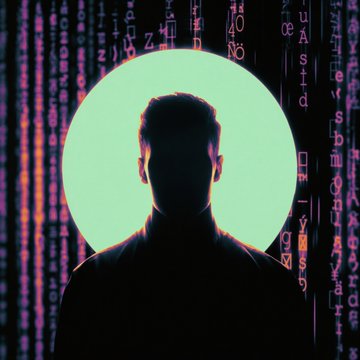 A dark silhouette of a hooded figure stands against a glowing cyan circle, surrounded by cascading columns of colorful binary code in pink, orange, and green—visually symbolizing the shadowy, digital nature of cryptocurrency dealings linked to the detained Polish Olympic Committee President and the Zondacrypto investigation.