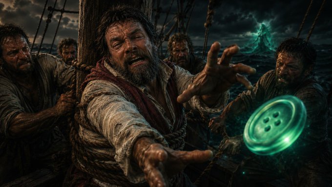 A desperate, weathered sailor reaches out in anguish as a giant glowing green button floats just out of his grasp, with a spectral figure looming in the stormy sea behind him. The image humorously visualizes the satirical "Siren Support" post about refusing to "untie" Odysseus from the mast, with the enchanted green button representing the mythical Sirens' temptation his crew faces — a playful nod to the meme's rejection notice.
