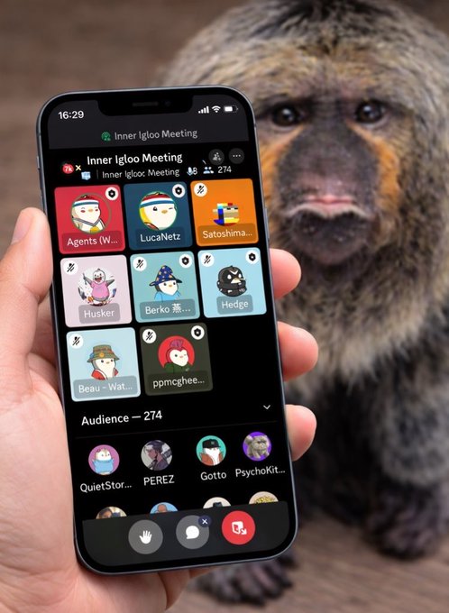 A monkey holding a phone displaying the 'Inner Igloo Meeting' voice chat with speakers including Agents (W...), LucaNetz, and Husker, with 274 audience members.