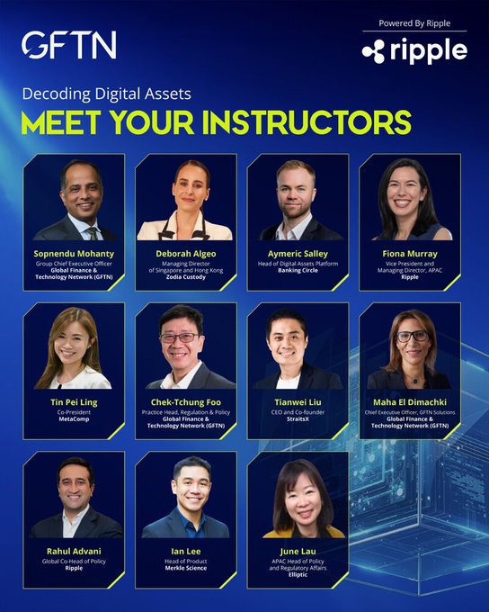 A promotional graphic for GFTN's "Decoding Digital Assets" programme (powered by Ripple) showcases 11 instructors in a grid layout, including Sopnendu Mohanty (GFTN), Deborah Algeo (Zodia Custody), Aymeric Salley (Banking Circle), Fiona Murray and Rahul Advani (Ripple), Tin Pei Ling (MetaComp), Chek-Tchung Foo (GFTN), Tianwei Liu (StratAX), Maha El Dimachki (GFTN), Ian Lee (Markle Science), and June Lau (Elliptic), highlighting the collaboration between Ripple and GFTN to educate finance professionals on digital assets.