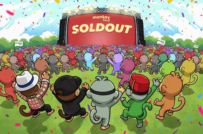 A colorful scene of cheerful cartoon monkeys celebrating in a field, viewed from behind, as they cheer toward a large festival stage displaying "SOLDOUT" and "monkey hood," with confetti raining down to mark the project's mint-out success.