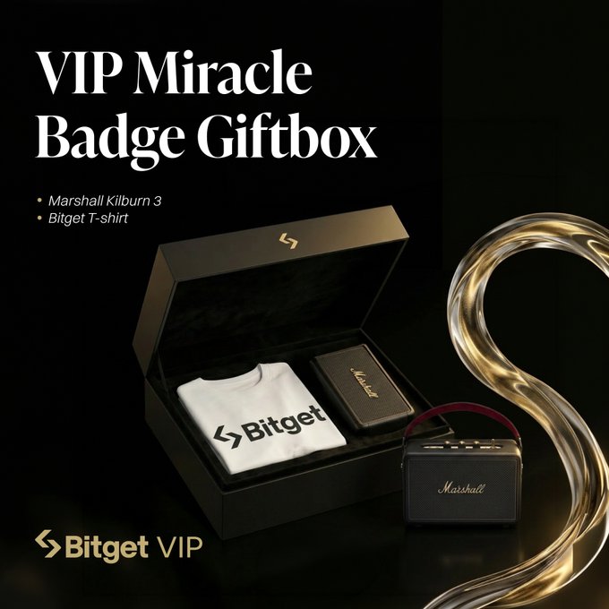 Promotional graphic for the 'VIP Miracle Badge Giftbox' from Bitget VIP, featuring a Marshall Kilburn 3 speaker and Bitget branded T-shirt in a black gift box against a dark background.