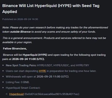 Binance announcement titled 'Binance Will List Hyperliquid (HYPE) with Seed Tag Applied' dated 2026-09-24, detailing new spot trading pairs HYPE/USDT, HYPE/USDC, and HYPE/TRY opening at 11:00 UTC on 2026-09-24, with withdrawals starting 2026-09-25.