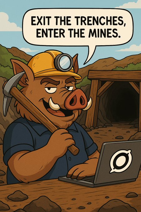 A cartoon pig miner in a hard hat and goggles wields a pickaxe while typing on a laptop displaying the ORE logo, with a speech bubble reading "EXIT THE TRENCHES, ENTER THE MINES."—symbolically tying the HaWG lore to ORE miners transitioning from speculative trading ("trenches") to the disciplined work of mining and staking.