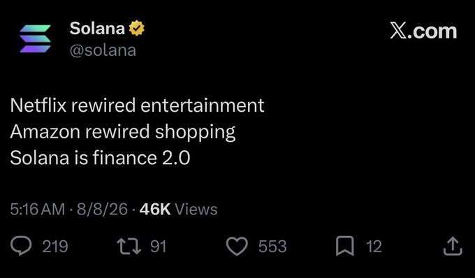 A verified tweet from @solana posted on 8/8/26 reads: "Netflix rewired entertainment, Amazon rewired shopping, Solana is finance 2.0." The post has 219 comments, 91 reposts, 553 likes, and 46K views, tying into the accompanying note about how Solana's official account appears to echo bullish sentiment toward the $KET token on its blockchain.