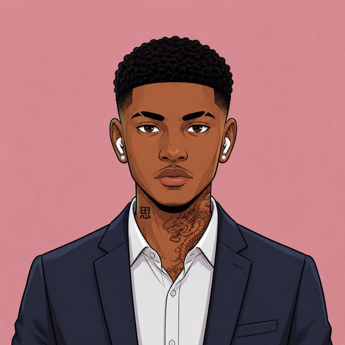 A digital illustration depicts a young man with short curly hair, wearing wireless earbuds and a dark blue suit, with a dragon tattoo and the Chinese character '思' visible on his neck.