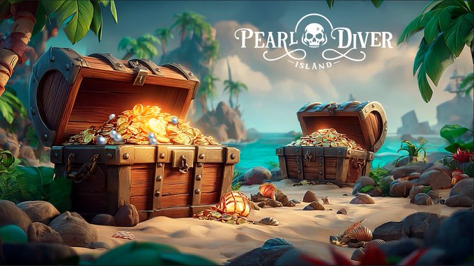 Two treasure chests overflowing with gold coins and pearls rest on a tropical beach with palm trees, accompanied by the "Pearl Diver Island" logo featuring a skull design—visually reinforcing the post's call to action for players to dive in and claim their share of the 8,338 USDT treasure pool.