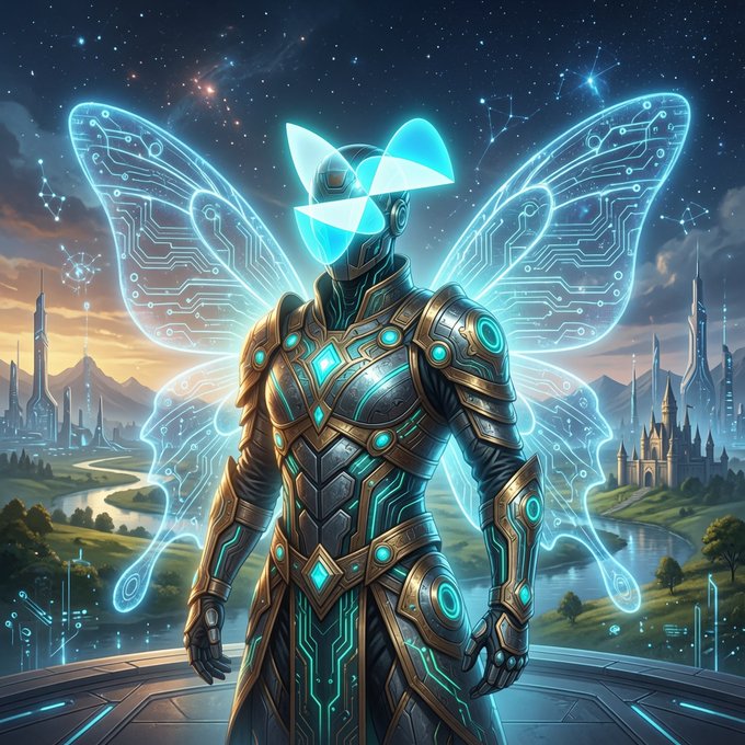 A futuristic AI-themed illustration of an armored humanoid figure with glowing cyan butterfly wings and a holographic visor, standing in a sci-fi landscape.