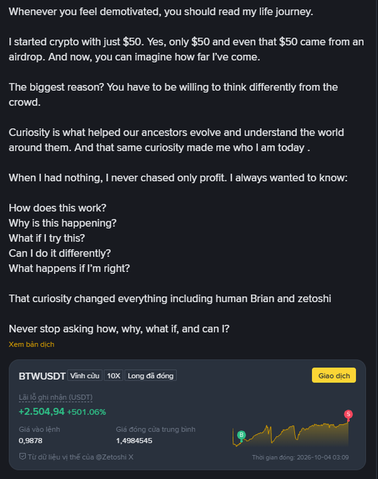 A motivational text post about starting in crypto with $50, followed by a Binance trading interface showing BTWUSDT with a massive +501.06% gain displayed in Vietnamese.