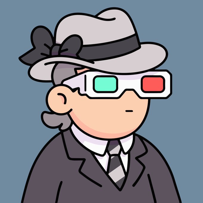 A cartoon illustration of an elderly woman wearing a white hat with a black bow, red-green 3D glasses, and a formal black suit with a striped tie against a blue background.