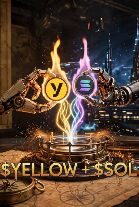 A digital artwork showing two robotic hands holding glowing coin logos above a circular device, with the text '$YELLOW + $SOL' at the bottom.