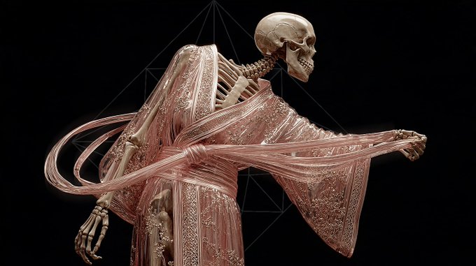A stylized 3D rendering of a skeleton wearing an ornate, draped pink and gold robe, with its head tilted back and hands outstretched against a black background.