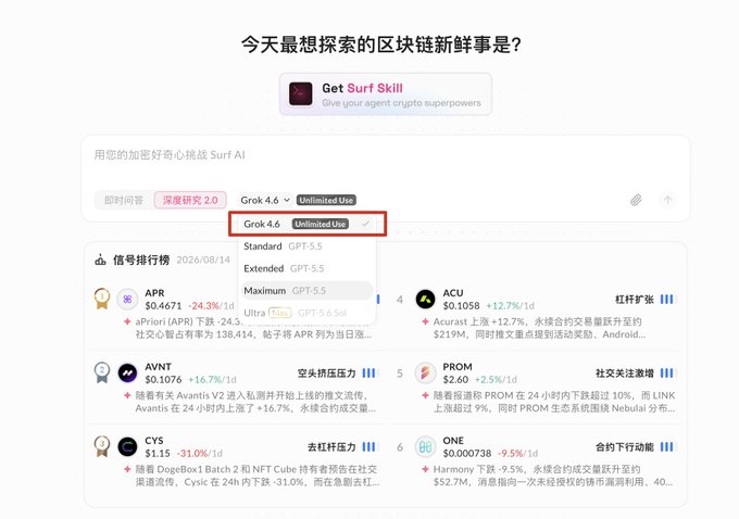 Screenshot of a Chinese crypto AI platform with text '今天最想探索的区块链新鲜事是?' at top, showing a dropdown menu with 'Grok 4.6 Unlimited Use' selected and signal rankings for APR, ACU, AVNT, PROM, CYS, and ONE tokens.