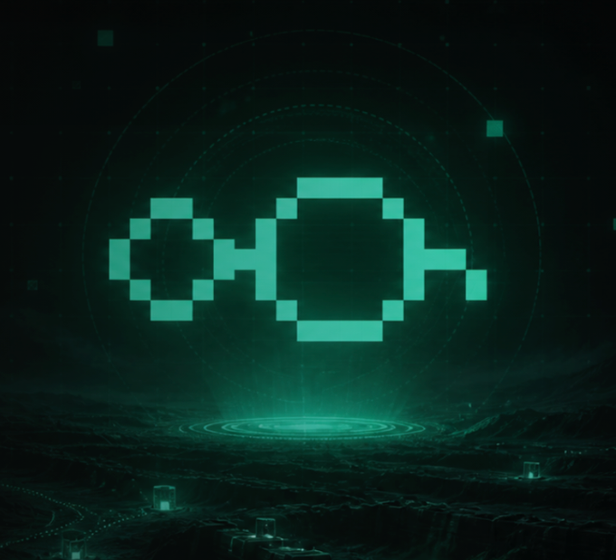 A digital graphic of two pixelated green fish-shaped icons surrounded by a glowing radar-like circular pattern over a dark landscape with grid lines.