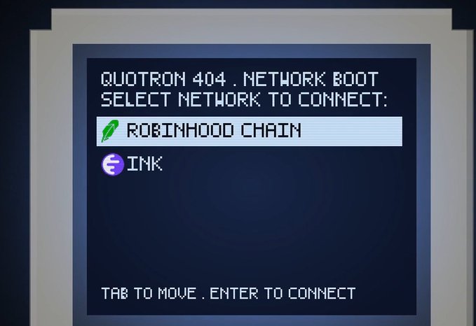 A retro-style computer terminal screen displays a "QUOTRON 404 . NETWORK BOOT" menu with options to connect to "ROBINHOOD CHAIN" (highlighted with a feather icon) or "INK" (marked with a purple logo). The post asks about activity at @inkonchain, and the image playfully references the Ink network as one of the available connection options alongside Robinhood Chain.