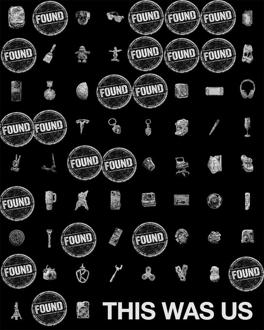A collection of black and white items, many stamped 'FOUND' in circles, displayed in a grid with the caption 'THIS WAS US' at the bottom.