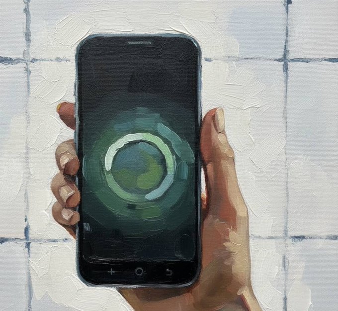 A painting depicts a brown hand holding a black smartphone against a tiled wall background, with the screen displaying a glowing green circular target or eye design.