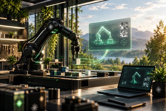A high-tech robotics workspace featuring a black robotic arm with holographic green displays, alongside a laptop showing 3D modeling, with a scenic mountain and lake view through large windows.