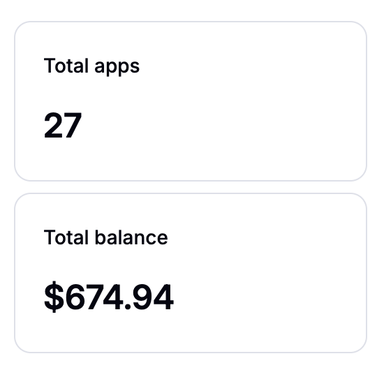 A minimalist digital dashboard displaying two stats in boxes: 'Total apps 27' and 'Total balance $674.94' on a white background.