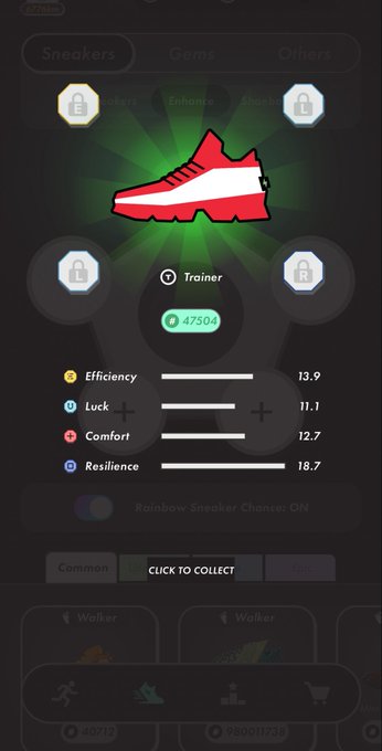 The image shows an app screen displaying a red shoe with white stripes as the main focus. The background of the image is black, making the red shoe stand out prominently. Below the shoe, there are four different icons representing various categories or types of trainers available in the app store. These icons include "Trainers", "Walkers", and "Runners". Additionally, there's a small text box that reads "#STEPN STEPN Around The World #enhance material: 2x Trainers 2x Walkers 1x Runner As a result, I got a Trainer with the Austria national team skin @Stepnofficial".