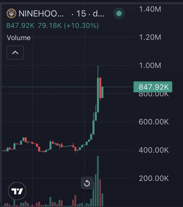 A 15-day candlestick chart of the NINEHOOD meme token shows a dramatic price surge from ~$400K to a peak near $1M before retracing to $847.92K, with trading volume spiking sharply during the rally—visual evidence supporting the claim of whale accumulation driving the +10.30% gain.