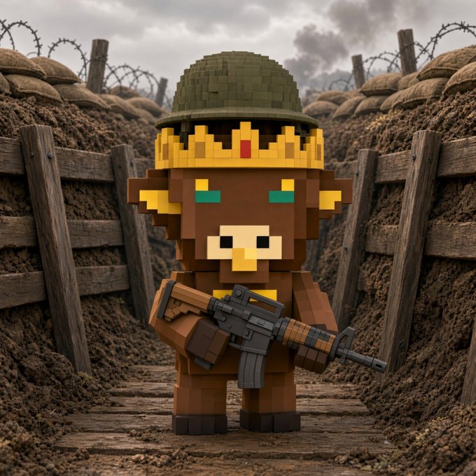 A 3D voxel/block-style digital art rendering of a soldier character wearing a green helmet and gold crown, holding a rifle in a muddy trench with barbed wire and sandbags.