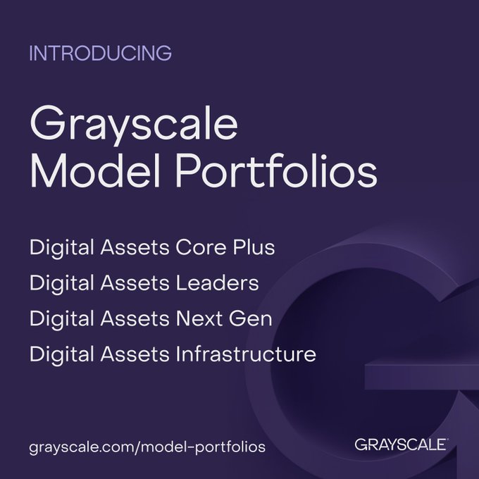 A dark purple promotional graphic from Grayscale announcing the launch of "Grayscale Model Portfolios," featuring four listed strategies: Digital Assets Core Plus, Digital Assets Leaders, Digital Assets Next Gen, and Digital Assets Infrastructure, with the Grayscale logo and website grayscale.com/model-portfolios displayed at the bottom.
