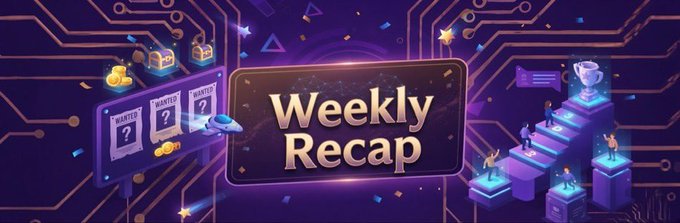 A vibrant purple banner displays the text 'Weekly Recap' surrounded by gaming-themed graphics including treasure chests, 'WANTED' posters, and a trophy on a staircase.