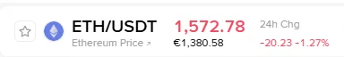 A cryptocurrency price ticker displays Ethereum (ETH/USDT) at $1,572.78 / €1,380.58, showing a 24-hour decline of $20.23 (-1.27%). The €1,380.58 figure matches the ETH price mentioned in the post, suggesting the user is tracking Ethereum's Euro value for a future reminder in Q3 2028.