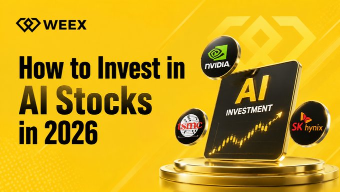 A bold yellow graphic titled "How to Invest in AI Stocks in 2026" features the WEEX logo alongside imagery of a rising stock chart, an "AI INVESTMENT" tablet, and circular badges for Nvidia, TSMC, and SK Hynix—visually highlighting the key AI companies and investment methods discussed in the accompanying post.